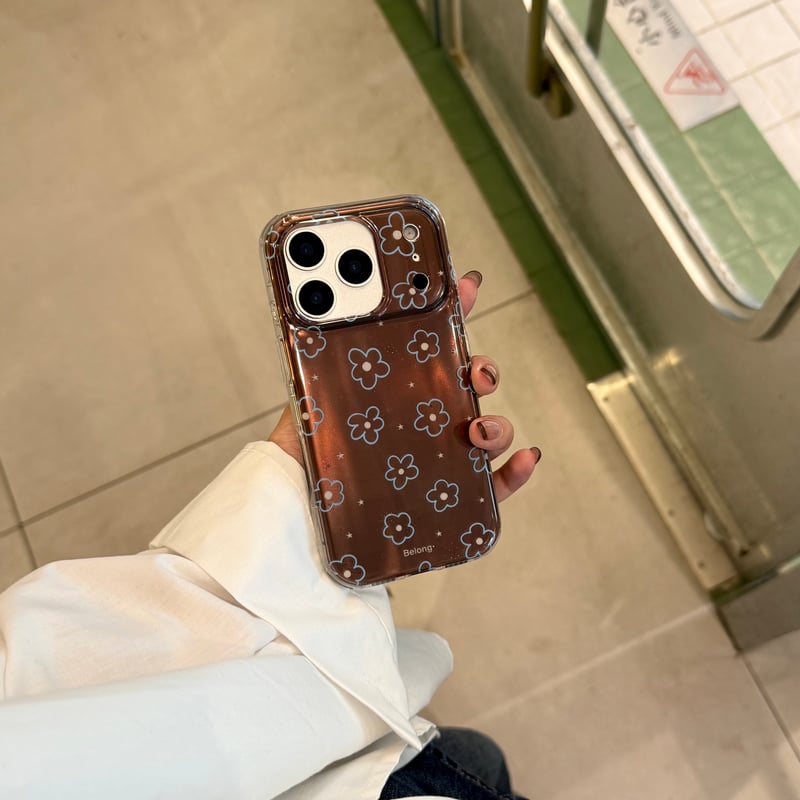 ブラウン 花柄 iPhone17Pro/17ケース 艶感 iPhone17ProMax/16P