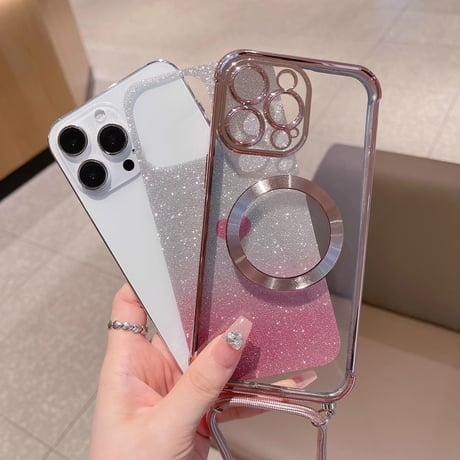 ショルダー iPhone16/15proケース MagSafe対応 ハート柄 キラキラ iphone 14/13/12カバー ラメいりシート付[M3574]