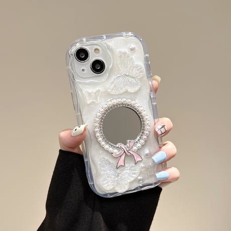 女子力アップ アイフォン15プロ/15カバー 鏡付 蝶クリアiPhone14Pro/13/12ケース お洒落 [M4303]