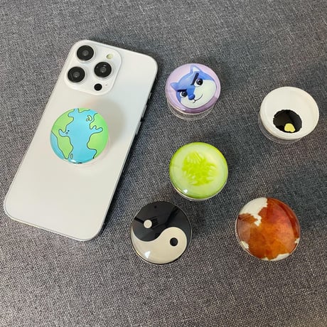 ガラス果物/笑顔/ボール スマホグリップ 全機種対応 折り畳み式グリップトーク 卓上スタンド機能付き 粘着タイプ[M2978]