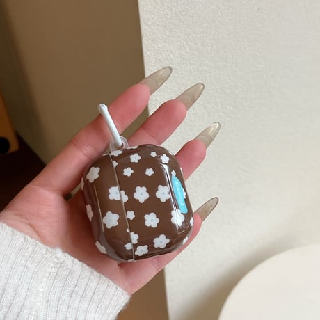 韓国っぽ Airpods Pro3ケース 花柄 Airpods4/3カバー pro2/pro1 白花キーホルダー/リング ブラウンカラー[M6057]