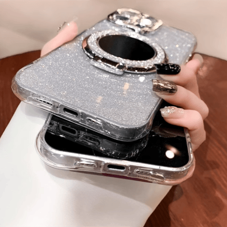 MagSafeリング鏡付 iPhone16/15proケース キラキラスタンド付 iphone14pro/13/12カバー 便利 レンズフイルム付[M4207]