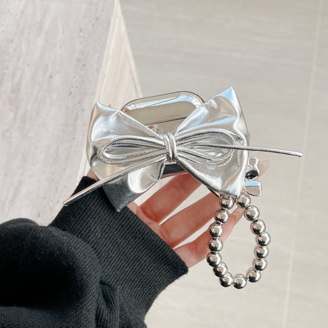 リボン Airpods４ケース Airpods3/2 光沢感 airpodspro2/1カバー 金属ビーズストラップ おしゃれ [4833]