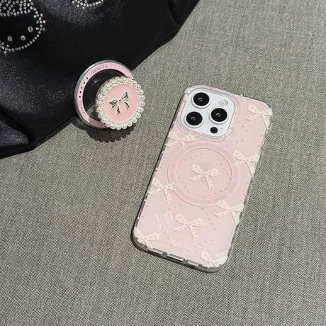 リボン柄 iPhone16pro/16ケース パールとリボングリップ マグネット iPhone15pro/14/13promaxケース かわいい 多機能 女子力UP [M5072]