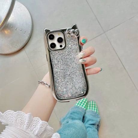 リボン 猫の耳 iPhone15Pro/15カバー キラキラグリッタ アイフォン14プロ/13/12ケース かわいい 女子力高い [M4393]