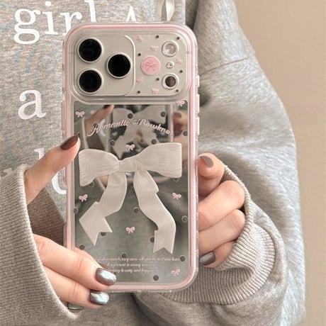 リボン柄ミラー iPhone17Pro/17ケース 2層構造 頑丈 iPhone17ProMax/16Pro/15カバー かわいい 女子力アップ [M6218]