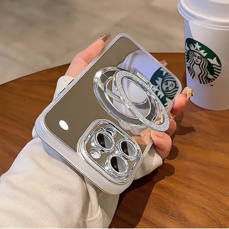 ミラー iPhone17Pro/17ケース 鏡スタンドリング付 iPhone17ProMax/16Pro/15カバー  キラキラカメラカバー付 艶感 オシャレ [M5934]