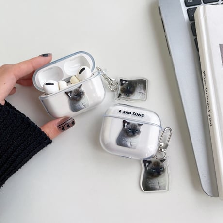 音楽を聴く猫  Airpods Pro2ケース   SAD SONG  airpods3カバー  可愛いアクセサリー付き かわいい  頑丈 ギフトにおすすめ [M2512]