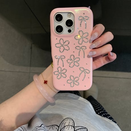 高級感 iPhone16pro/16ケース ダイヤデコ花/リボン iPhone15pro/14/13promaxケース ピンクレザー 上品 大人可愛い [M5385]