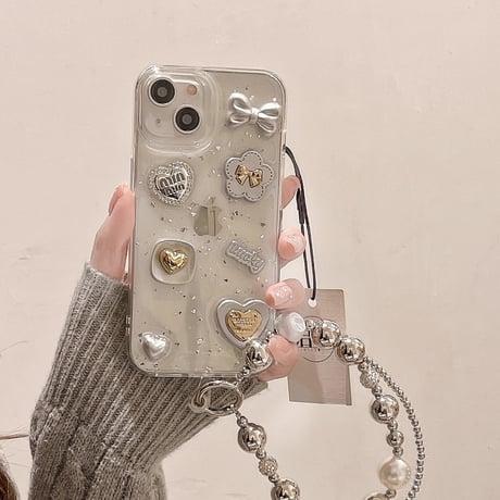リボン/ハートデコ iPhone15/16proケース ストラップ付 グリッター入り iPhone14/13pro/12ケース  かわいい キラキラ[M3867]
