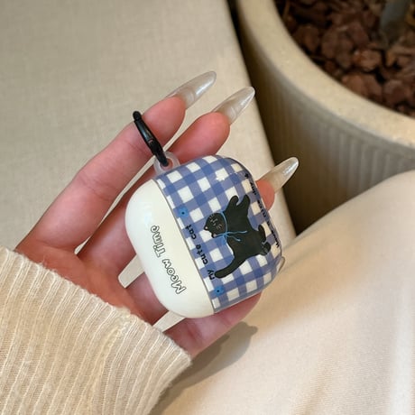 ネコちゃんとチェック柄 Airpods Pro3ケース 可愛すぎ Airpods4/3カバー pro2/pro1 黒猫キーホルダー/リング 耐久性ある[M6056]