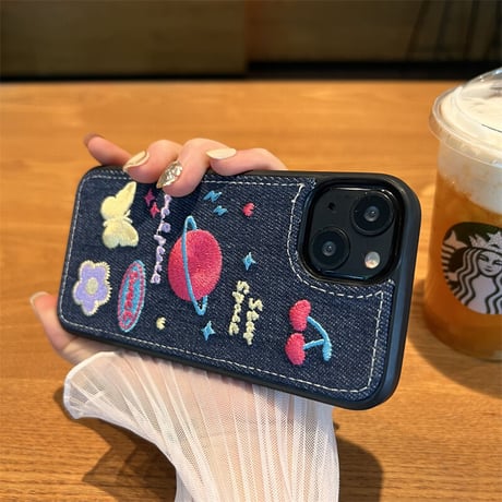 刺繡 星 花 iPhone14/14proカバー  デニム素材  アイフォン13/12/11ケース  可愛い 高品質  高級感  [M2250]