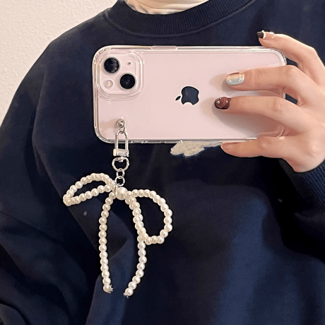 真珠リボン iPhone15/15Proケース 可愛いクリア黄ばまない iPhone14Pro/13/12カバー 女子力アップ ギフトにおすすめ [M3812]