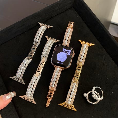 上品真珠 AppleWatchバンド キラキラダイヤ  AppleWatchベルト Series 11/10/9/8 SE3/2  Ultra3/2/1 メタルリック 高級感高品質[M6498]