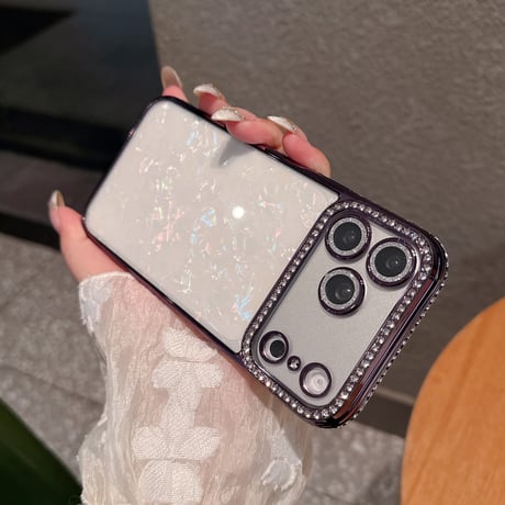 ジュエリーライン iPhone17Pro/17ケース シェル柄 iPhone16/15ProMax/14ケース ラグジュアリー感 キラキラ感 レンズ保護[M6252]