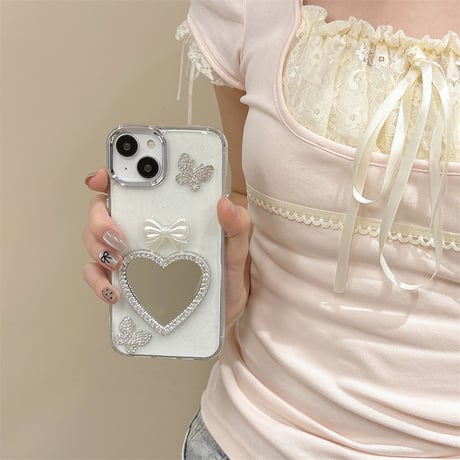 ジュエリーハート鏡 iPhone15/15pro/15plusケース リボン/蝶 iPhone14/13pro/12ケース 女子力アップ 黄ばまない[M4507]