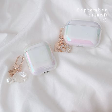 airpods3ケース  オーロラ色 キラキラ airpodsproカバー  真珠アクセサリー付き 女子力アップ  綺麗 オシャレ 艶ありM1380