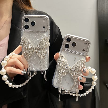 ジュエリー蝶デコ iPhone17Pro/17ケース キラキラ 綺麗 iPhone16Pro/15カバー パールストラップ 女子力高い [M5855]