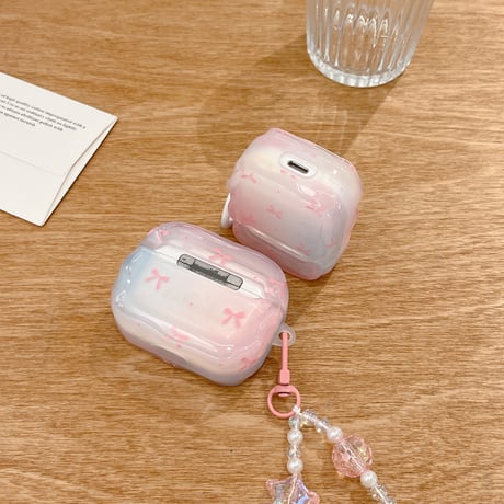 リボン柄 Airpods 4ケース グラデーションカラー ガーリーファッション Airpods3/2カバー Airpodspro2/pro リング/リボンキーチェーン うねうね[M4937]