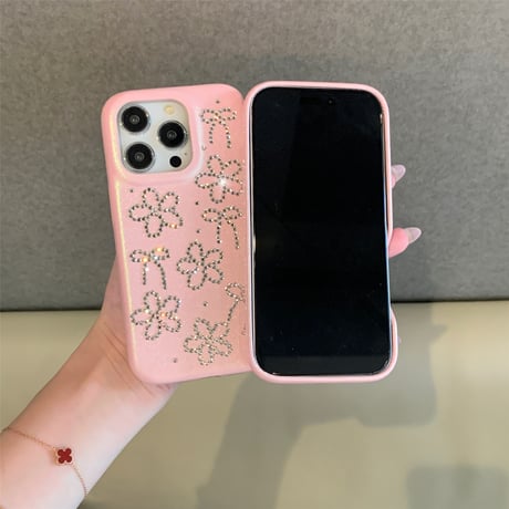 高級感 iPhone16pro/16ケース ダイヤデコ花/リボン iPhone15pro/14/13promaxケース ピンクレザー 上品 大人可愛い [M5385]