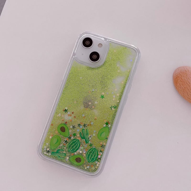 流れるグリッター/スイカ/アボカド iPhone14/13miniケース 液体