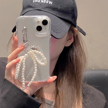 真珠リボン iPhone15/15Proケース 可愛いクリア黄ばまない iPhone14Pro/13/12カバー 女子力アップ ギフトにおすすめ [M3812]