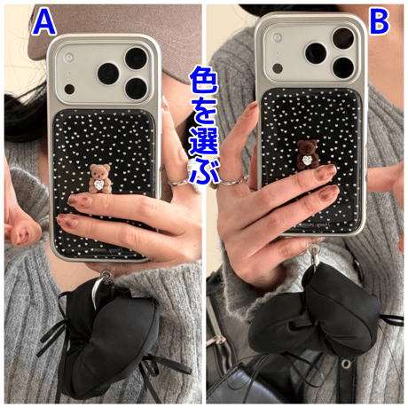 ダイヤ熊ちゃん iPhone17Pro/17ケース 水玉模様 iPhone16Pro/15カバー ストラップ 女子力高い [M5919]