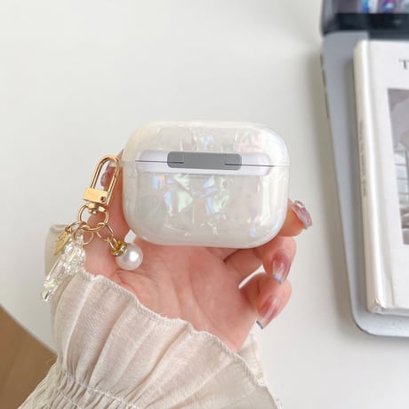 【Airpods 4】キラキラリボン AirpodsPro2ケース 貝殻紋 airpods3/2/1ケース  オシャレリボンアクセサリー付 ソフト ギフトに最適 [M2676]