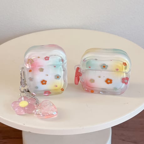 ラメ花 Airpods Pro3ケース 花/ハートキーホルダー Airpods4/3カバー pro2/pro1 うねうね ギフトにおすすめ[M6414]