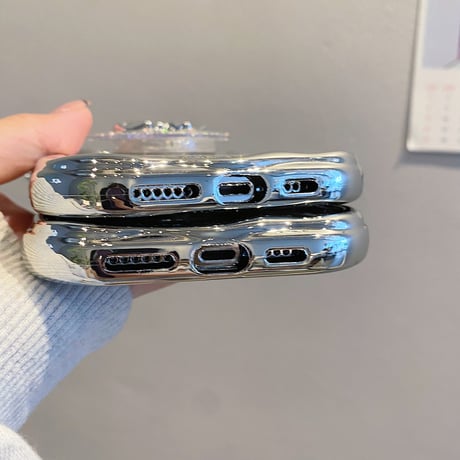 グリッター うねうね iPhone15pro/15promaxケース リボングリップ付き iPhone14pro/13promaxケース シルバー高級感 [M4262]