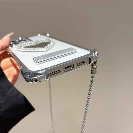 ジュエリーハートミラー アイフォン16pro/15ケース スタンド付 ショルダーストラップ付 iPhone14/13pro/12カバー 大人可愛い 多機能[M5240]