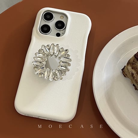 ジュエリーミラーグリップ iPhone14/15ケース 革製アイフォン13/12/11proカバー お洒落 高級感 便利[M2745]