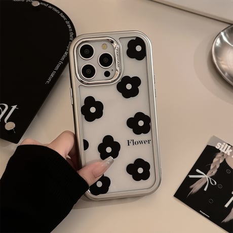 黒花 iPhone15/15proケース 高級感 アイフォン14promax/13proカバー 女子力高い かわいい[M4549]