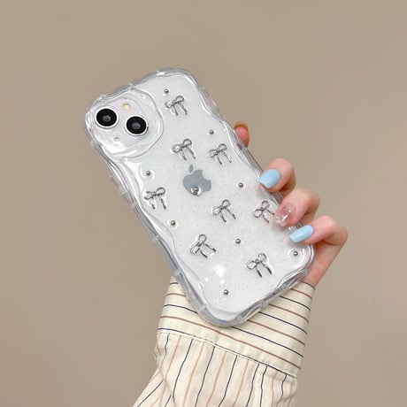 立体リボン iPhone15/16proケース うねうね ラメ入り iPhone14/13pro/12proケース キラキラクリアケース[M4436]