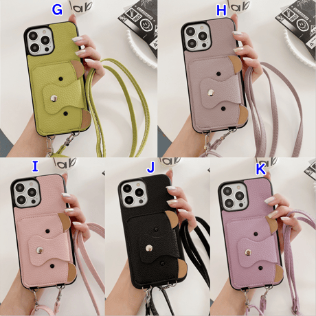 クマちゃんカード入れ iPhone15/14proケース 革製 アイフォン13/12mini/11カバー 肩掛けストラップ 高品質シック 11色[M3417]