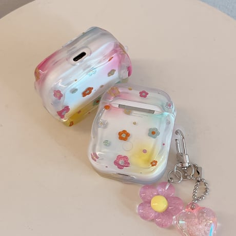 ラメ花 Airpods Pro3ケース 花/ハートキーホルダー Airpods4/3カバー pro2/pro1 うねうね ギフトにおすすめ[M6414]
