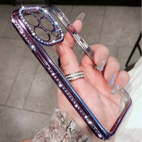 キラキラ紫色 iphone14pro/14promaxケース ラメ入りシール付  アイフォン13/12/11カバー ジュエリー枠  艶あり  オシャレ  人気[M2265]