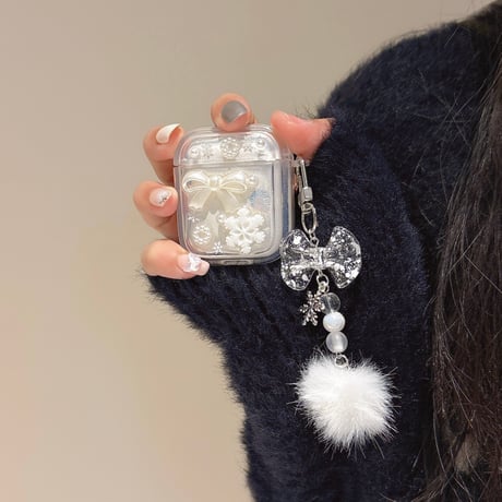 雪花/リボン Airpods 4ケース 毛玉チェーン付 Airpodspro2/proカバー Airpods第3/2世代 かわいい 頑丈[M5059]