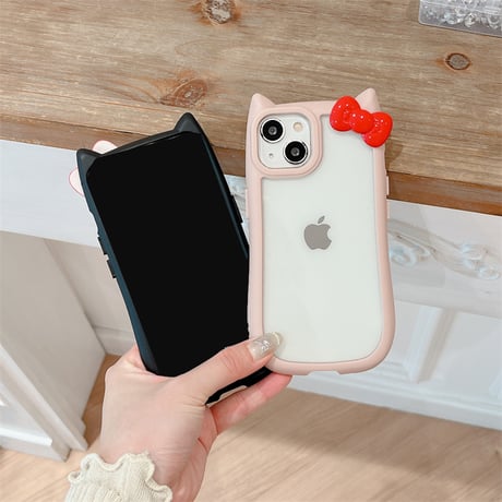 猫の耳 iPhone15/15proケース リボンデコ iphone14promax/13pro/12カバー 可愛い 黄ばまない[M4301]