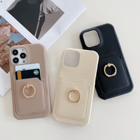 カード入れ2個 アイフォン14pro/14plusカバー リング付き iPhone13mini/12/11proケース レザー製 ハードケース  シンプル 実用 [M2545]