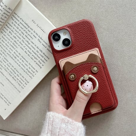 リングカード入れ付 iPhone16/16Proケース 熊 レザー アイフォン15pro/13mini/12/14カバー レザー 高品質 超便利[M4639]