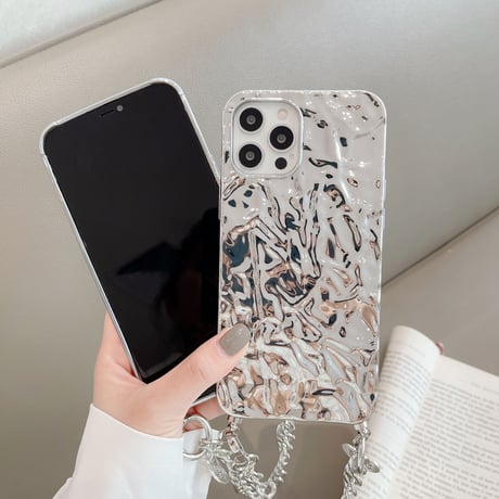 銀色アルミホイル iphone12/11promaxケース キラキラ アルミ箔 iphoneSE2/XS/Xsmaxカバー チェーン付き おしゃれ M557