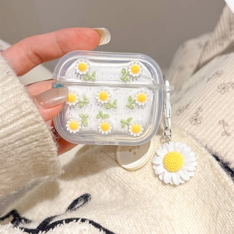 草花 Airpods 4ケース ラメ入り 透明 Airpods3/2カバー Airpodspro2/pro  花キーホルダー付き 女子力高い[M5038]