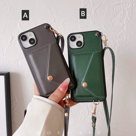 カードポケット付 アイフォン14/15ケース レザー iPhone13/12/11proカバー 長さ調整可ストラップ 高級感 便利 ファッション[M2815]