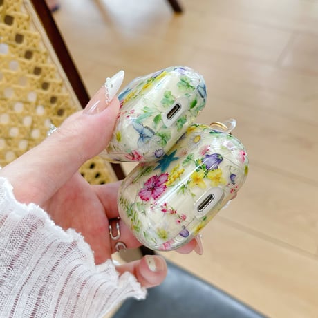 花柄 Airpods4ケース シェルキーホルダー AirpodsPro2ケース airpods3/2カバー 女子に人気 トレンド[M5396]