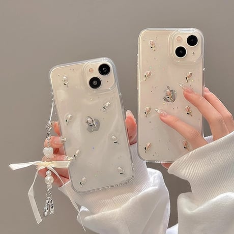 立体花 アイフォン15/15proケース 韓国風  バレエシューズストラップ付iphone14pro/13/12カバー キラキララメ 黄ばまない[M4109]