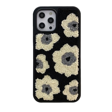 刺繍花柄 iphone13/13proカバー  黒白系 アイフォン12/11proカバー  可愛い 温かい  キュート SNS人気品 Girls向けM1332
