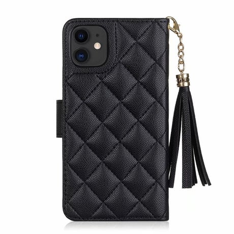 手帳型 iphone13/13promaxケース カード/お札収納 iphone12proカバー  ブラック フリンジ 付きM1072