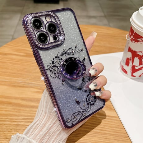 ジュエリー リング付 iPhone15/15proケース  薔薇柄  キラキラiphone13/12/14proカバー きれい 高機能 [M3846]