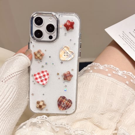 ハートボタン iPhone16/16Proケース ラメ入り 透明 iPhone15/14/13/12Proカバー トレンド 女子力高い [M5024]